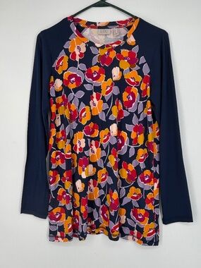 LOGO Lori Goldstein Womens XS Pullover Tunic Top Navy Blue Orange Red Floral LS